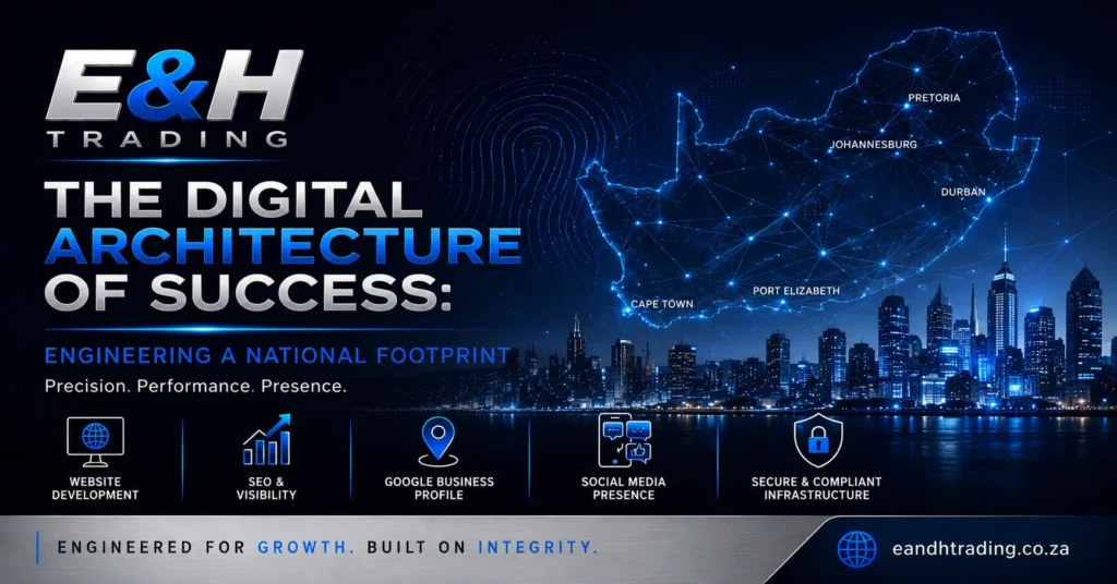 Digital architecture of success illustrating a national digital footprint across South Africa with connected business infrastructure and online growth networks.