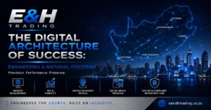 Digital architecture of success illustrating a national digital footprint across South Africa with connected business infrastructure and online growth networks.