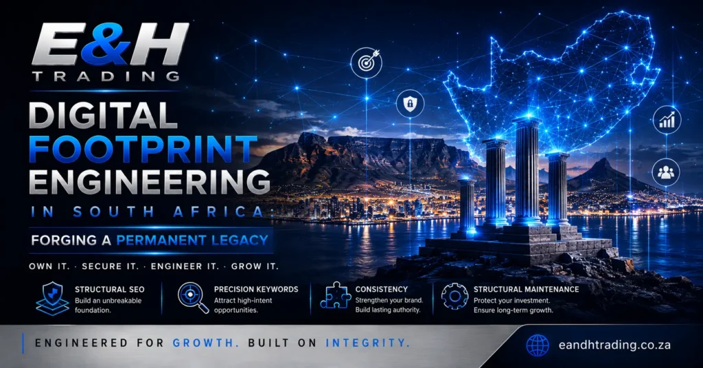 Digital footprint engineering in South Africa showing a connected national network, Table Mountain, and permanent digital infrastructure built for long-term growth.