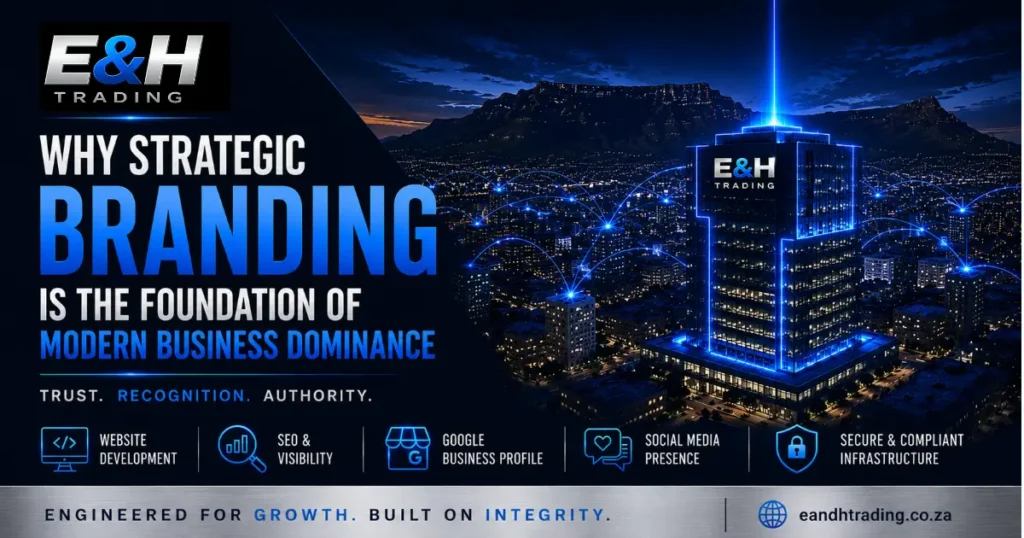 Modern corporate headquarters illuminated in blue with digital network connections representing strategic branding, authority, trust, and business growth in South Africa.