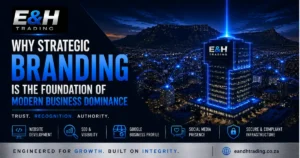 Modern corporate headquarters illuminated in blue with digital network connections representing strategic branding, authority, trust, and business growth in South Africa.