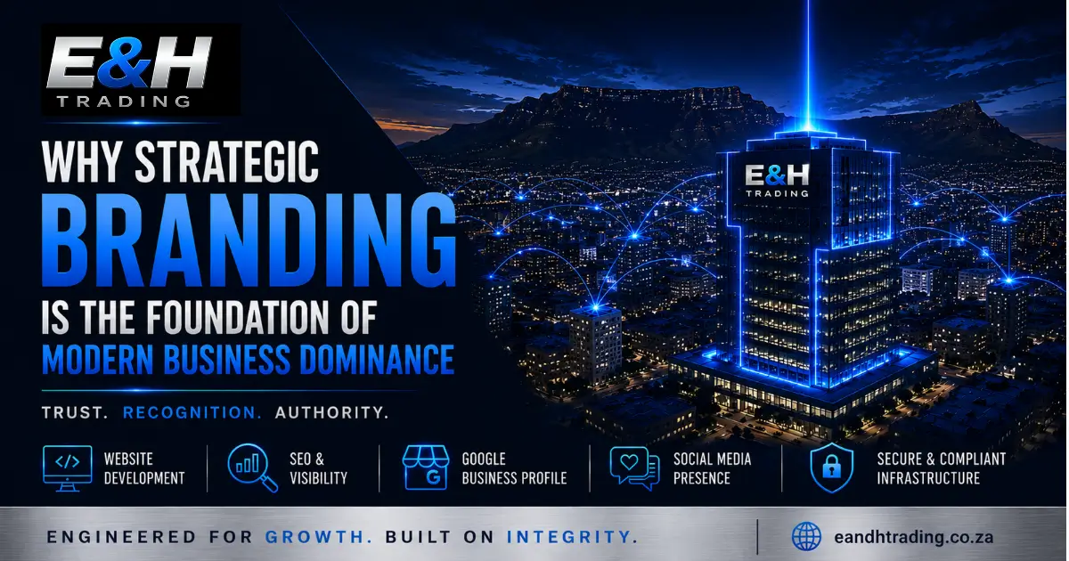 Modern corporate headquarters illuminated in blue with digital network connections representing strategic branding, authority, trust, and business growth in South Africa.
