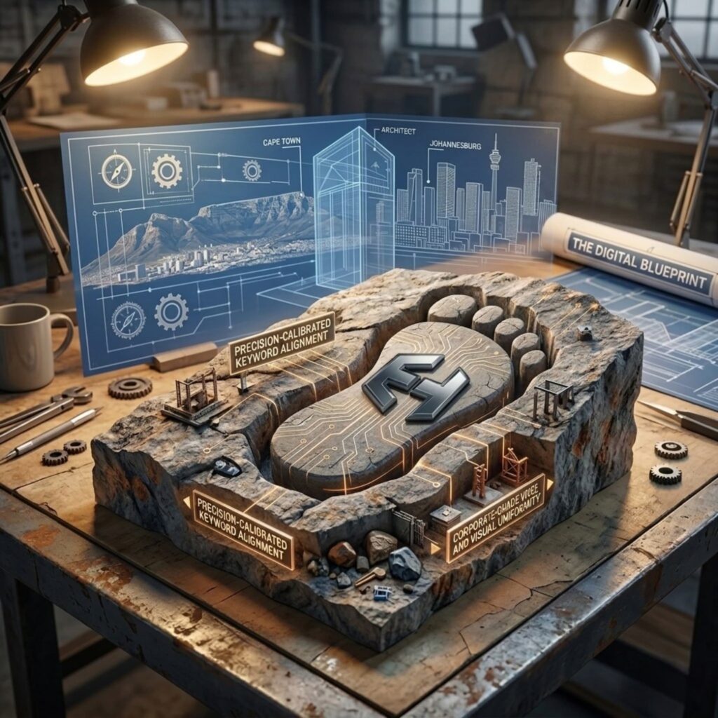 A 3D architectural model of a futuristic shop4it footprint on a workbench, featuring a digital blueprint of Cape Town and Johannesburg in the background.