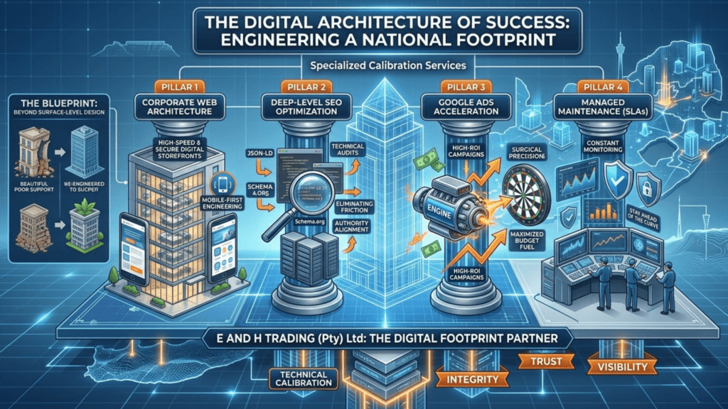 An engineering-style infographic illustrating the 4 pillars of digital architecture for national business success in South Africa, covering corporate web design, deep SEO, Google Ads acceleration, and managed maintenance.