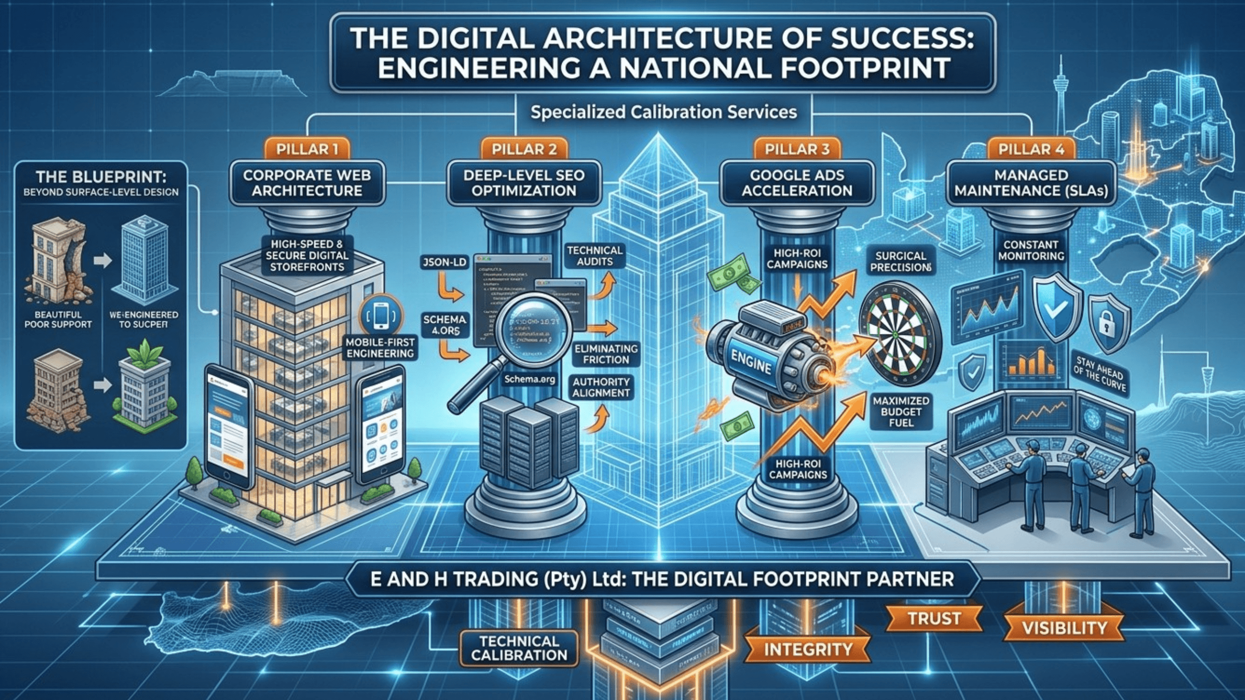 Our specialized calibration blueprint transforms a visual-only website into a high-performance corporate growth engine. We engineering digital footprints that dominate national search results.