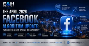 AI-powered Facebook algorithm visual showing social media engagement, business growth, and digital marketing strategy in South Africa.