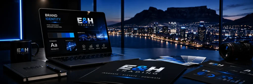 Modern corporate branding workspace showcasing consistent brand identity, premium marketing materials, and professional visual branding for business growth.