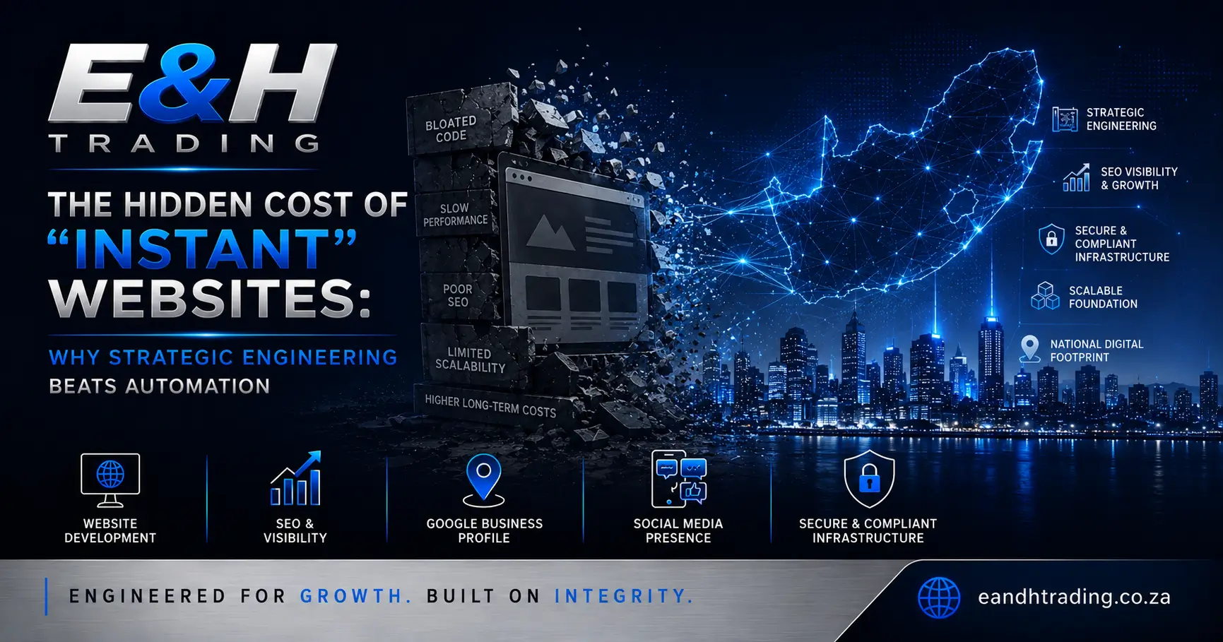Strategic digital engineering contrasted with instant website builders, highlighting scalability, SEO performance, and long-term digital growth.