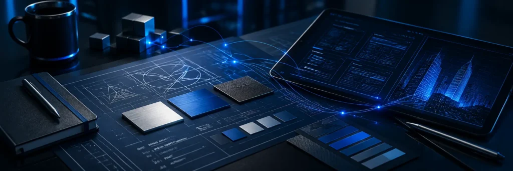 Corporate brand planning workspace featuring digital blueprints, design systems, strategic planning tools, and connected digital infrastructure.