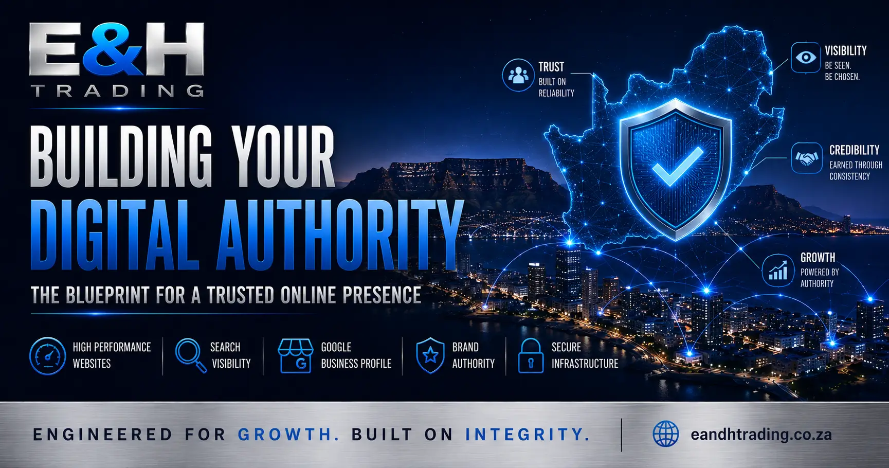 Digital authority concept showing a secure online presence, trusted business infrastructure, and connected South African digital network.