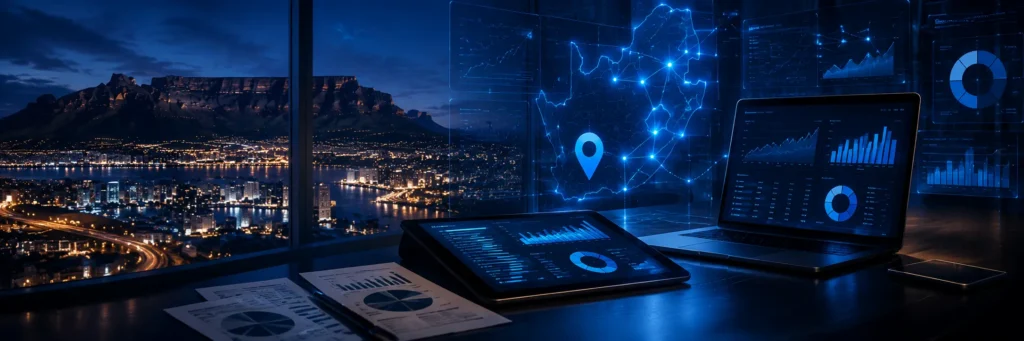 Business analytics dashboard displaying local search insights, geographic demand mapping, customer engagement metrics, and performance reporting.