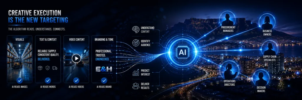 Professional digital marketing visuals representing AI content analysis, branding consistency, and audience targeting.