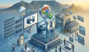 A high-definition 3D isometric infographic for E & H Trading (Pty) Ltd showcasing a Google Business Profile optimization ecosystem, featuring a brushed-steel EH logo, digital marketing icons, and Table Mountain in the background.