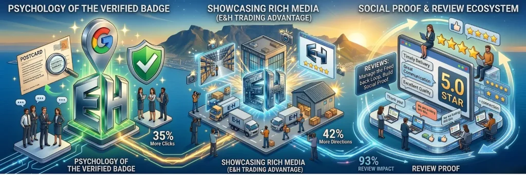 A high-definition 3D isometric infographic showing the "E&H Trading Advantage" with sections on the Psychology of the Verified Badge, Rich Media, and Social Proof against a Cape Town mountain backdrop.