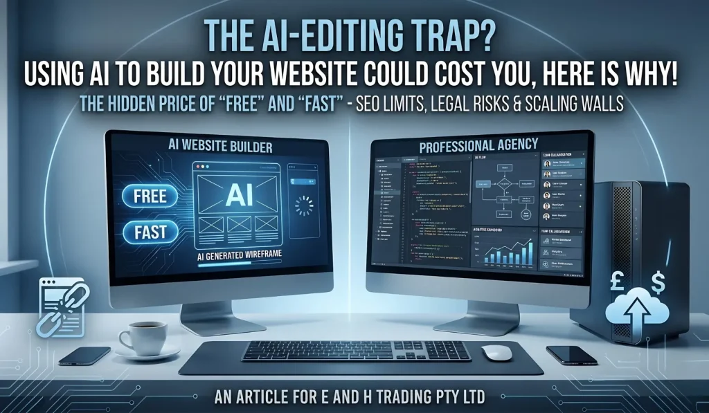 A comparison of two computer monitors on a futuristic desk; the left screen shows a basic AI-generated wireframe labeled "FREE" and "FAST," while the right screen displays a "PROFESSIONAL AGENCY" setup with complex code, data charts, and team collaboration tools.