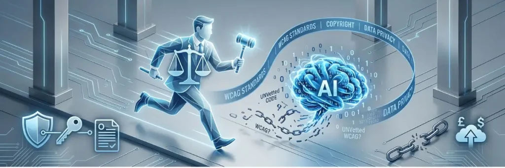 A 3D isometric conceptual illustration of a legal professional with a gavel and scales navigating a digital landscape of AI technology, data privacy ribbons, and WCAG accessibility standards.