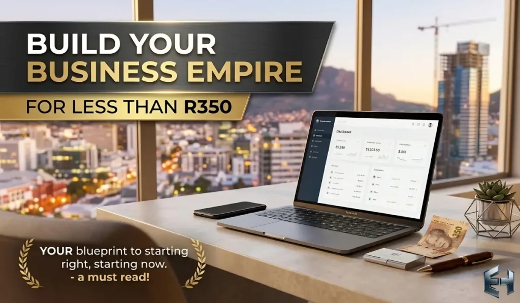 Professional laptop on a desk overlooking a Cape Town cityscape with text overlay Build Your Business Empire for less than R350.