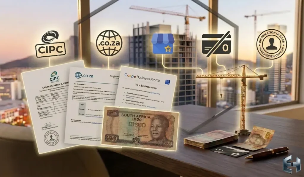Infographic showing CIPC registration, .co.za domain, Google Business Profile, and banking icons for a South African business startup.