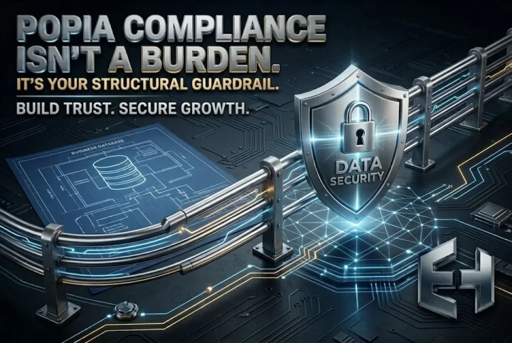 A high-tech digital security shield with a padlock icon guarding a blueprint database on a glowing circuit board background.