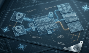 Technical blueprint showing the integration of Google Business Profile, web command center, and social media pulse.
