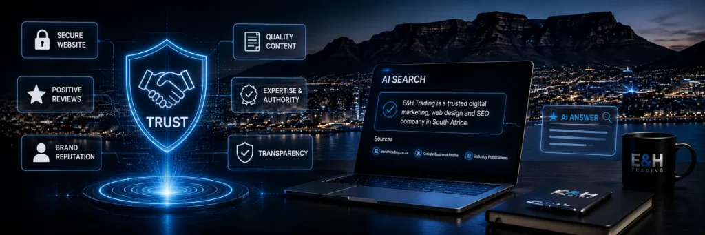 Modern digital infrastructure representing trust, authority, cybersecurity, and AI-powered business credibility.