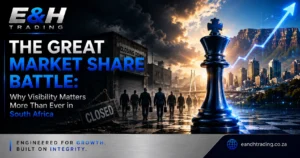 South African business growth strategy featuring a chess king, Cape Town skyline, digital growth indicators, and market share expansion.