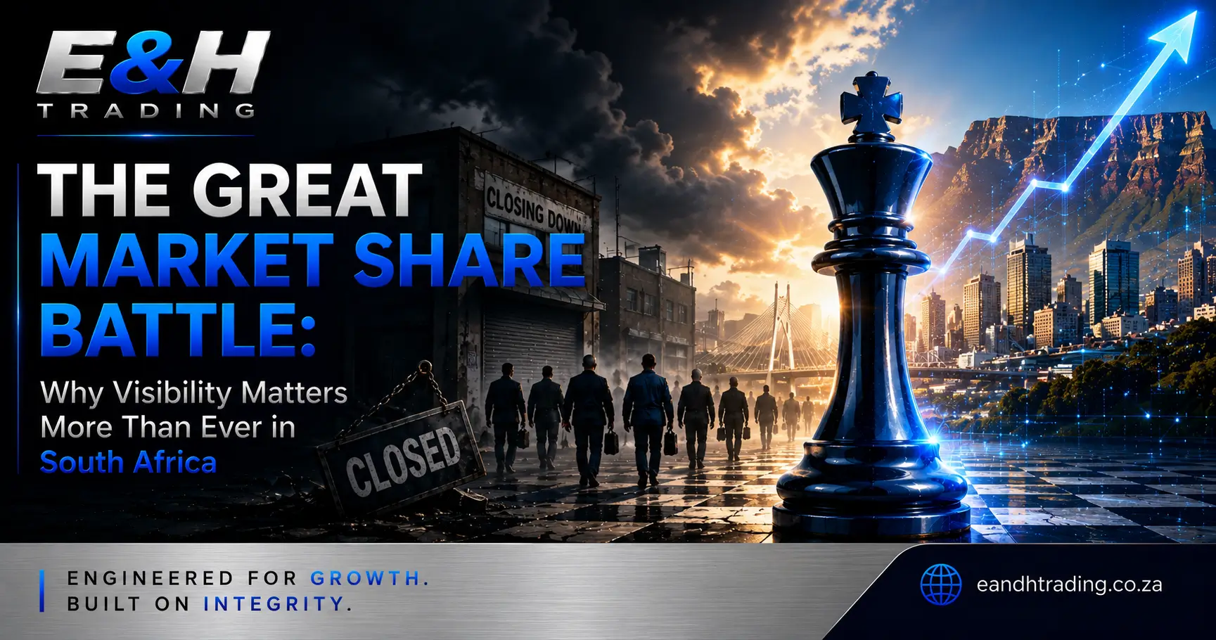 South African business growth strategy featuring a chess king, Cape Town skyline, digital growth indicators, and market share expansion.